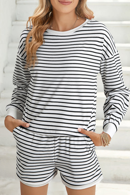 Black Stripe Textured 3/4 Sleeve Top and Shorts Set