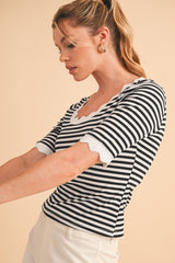 Black Striped Contrast Scallop Trim Half Sleeve T-shirt