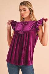 Violet Tied Neck Ruffle Short Sleeve Blouse