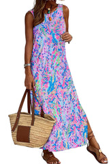 Purple Fluorescent Printed Round Neck	 Sleeveless Maxi Dress