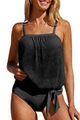 Black Striped Mesh Knotted Hem Tankini Swimsuit