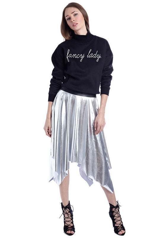 Silver Pleated Midi Skirt in Metallic