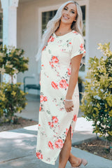 White Floral Print Side Slits T Shirt Dress