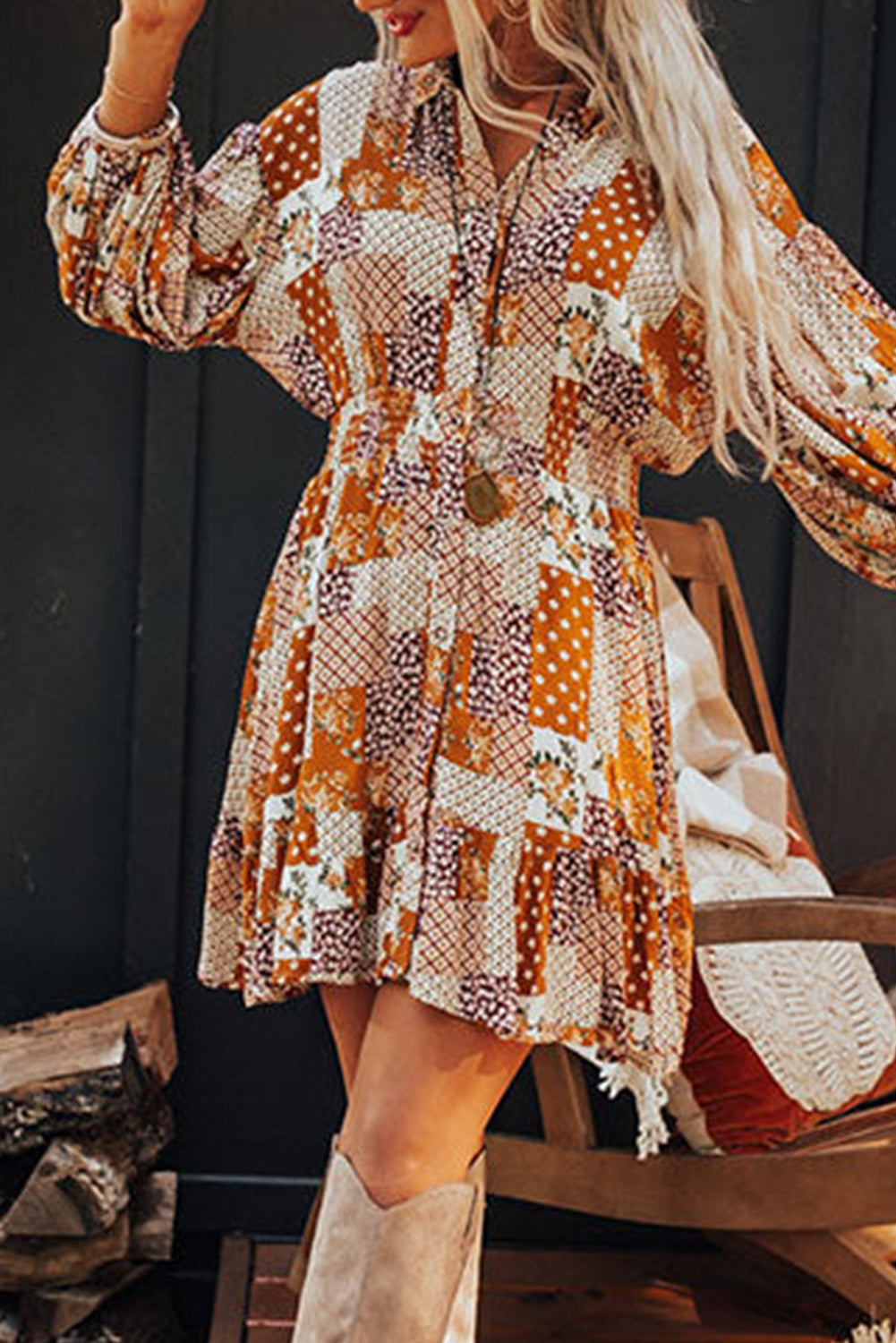 Orange Boho Floral Puff Sleeve Smocked Waist Mini Shirt Dress