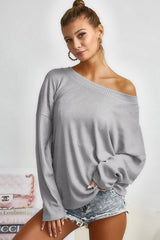 Grey Waffle Knit Cinched Backless Drop Shoulder Long Sleeve Top