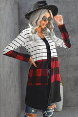 Fiery Red Plaid Colorblock Striped Cardigan