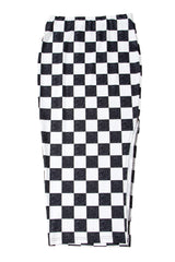 White Checkered Print Side Slit Slim Fit Midi Skirt