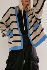 White Stripe Colorblock Drop Shoulder Buttoned Loose Cardigan