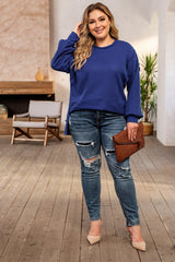 Dark Blue Waffle Knit Exposed Seam Patchwork Plus Size Top