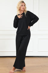 Navy Blue Textured Loose Slouchy Long Sleeve Top and Pants Set