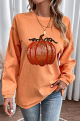 Apricot Crinkle Ribbed Halloween Sequin Pumpkin Graphic Sweatshirt