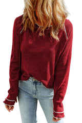 Blue Exposed Seam Textured Pullover Long Sleeve Top