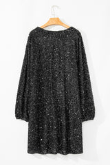 Black Plus Size Bubble Sleeve V Neck Sequin Dress