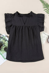 Black Basic Textured V Neck Tiered Ruffle Sleeve Blouse