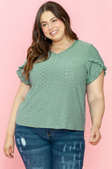 Laurel Green Petal Sleeve Jacquard V Neck Plus Size Blouse