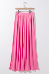 Strawberry Pink Plain Slim Fit Crop Top And Wide Leg Pants Set