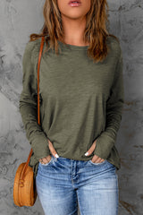 Green Plain Solid Casual Thumbhole Long Sleeve Top