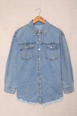 Sky Blue Pocket Raw Hem Buttoned Denim Jacket