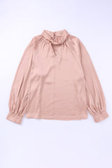 Pink Elegant Keyhole Long Sleeve Satin Blouse