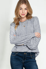 Gray Solid Color Contrast Ribbed Bishop Sleeve Top