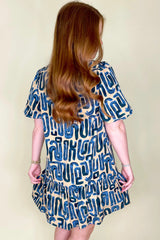 Beige Abstract Print Pleated Bubble Sleeve Mini Boho Dress