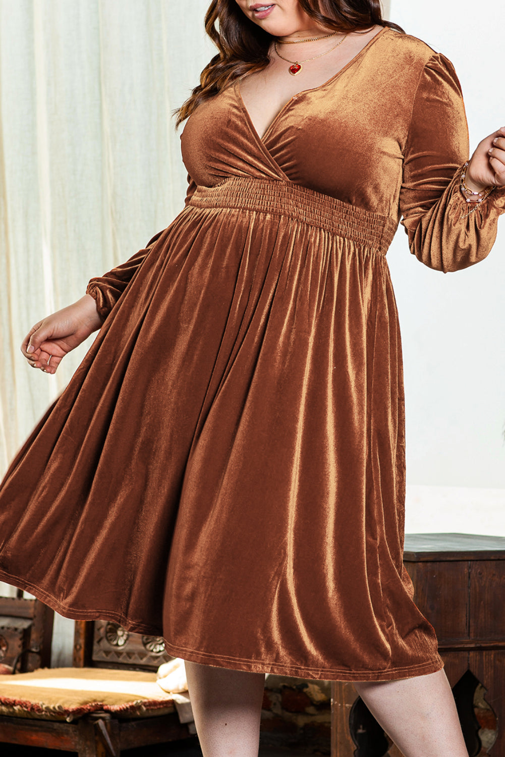 Camel Surplice Velvet V Neck Balloon Sleeve Midi Dress