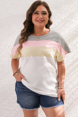 White Ribbed Color Block Patchwork Plus T Shirt