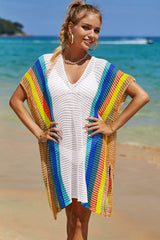 Angel Wings Openwork Striped Slit Knit Cover Up