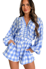 Sky Blue Plaid Shirred V Neck Lantern Sleeve Romper