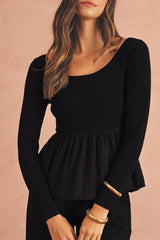 Black Pleated Hem Long Sleeve Ribbed Knit Top