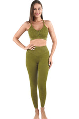 Moss Green Seamless Ribbed Spaghetti Straps Bra Leggings Sports Set