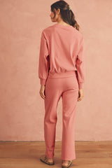 Blossom Ribbed Drop Shoulder Sweatshirt Pocketed Pants Set