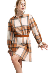 Khaki Plaid Pattern Collared Neck Ruffled Sleeve Shirt Dress