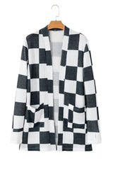 Black Checkered Waffle Knit Thumbhole Long Sleeve Cardigan