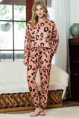 Apricot Pink Leopard Print Long Sleeve Top and Drawstring Pants Set