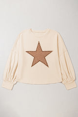 Beige Star Pattern Studded Crew Neck Plus Size Top