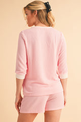 Pink Corded Contrast Trim Long Sleeve Top and Shorts Set