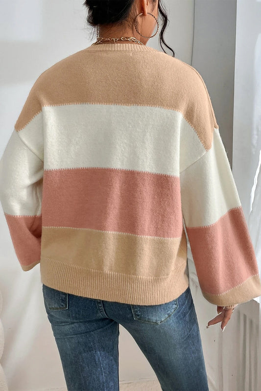 Dusty Pink Color Block Lantern Sleeve Drop Shoulder Sweater