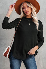 Black Crew Neck Ribbed Trim Knit Long Sleeve Top