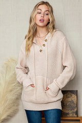 Apricot Buttons Pocket Cable Knit Hooded Sweater