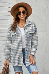 Sky Blue Plaid Print Button Knitted Jacket with Pocket