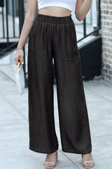 Black Side Pockets Frilled Smocked High Waist Wide Leg Jeans