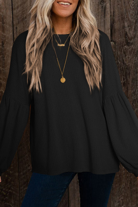 Black Solid Color Textured Lantern Sleeve Top