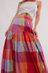 Multicolor Plaid Boho High Waist Maxi Skirt