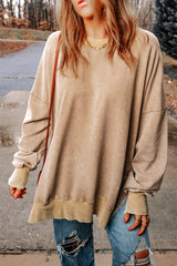 Khaki Plain Drop Shoulder Ribbed Trim Oversized Sweatshirt