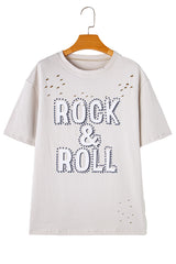 Gray Rock & Roll Graphic Ripped Oversized Tee