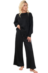 Navy Blue Textured Loose Slouchy Long Sleeve Top and Pants Set