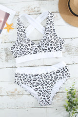 White Leopard Print Criss Cross Bikini Set