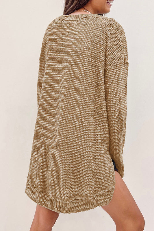 Khaki Plain Waffle Knit Drop Sleeve Side Slits Oversized Top