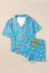 Pink 60s Flower Print Buttoned Shirt and Drawstring Waist Pajama Set